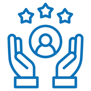Hands holding person icon with stars.