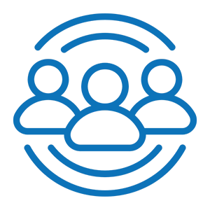 Three blue figures with circular lines.